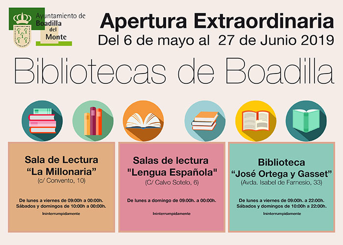 La biblioteca José Ortega y Gasset y las dos salas de lectura abrirán con horario ininterrumpido todos los días de la semana hasta el 27 de junio