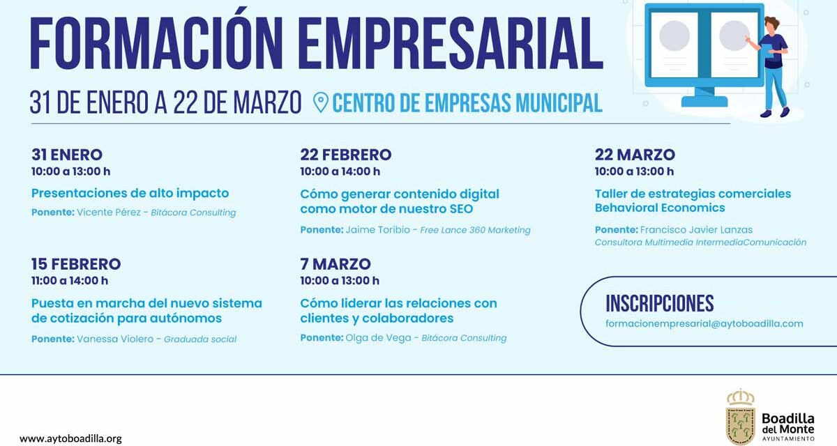 El Ayuntamiento de Boadilla ofrece nuevas jornadas de formación empresarial durante este trimestre