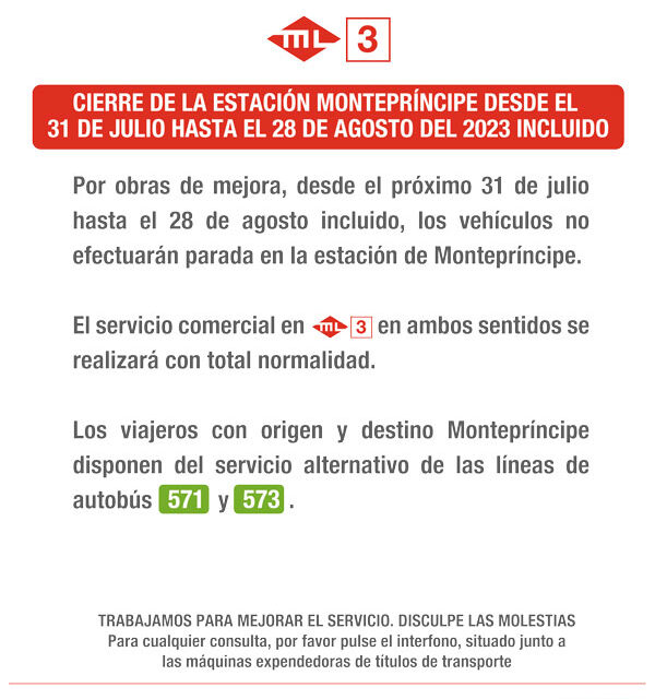 Metro Ligero Oeste cierra temporalmente la estación de Montepríncipe por trabajos de mejora de las instalaciones
