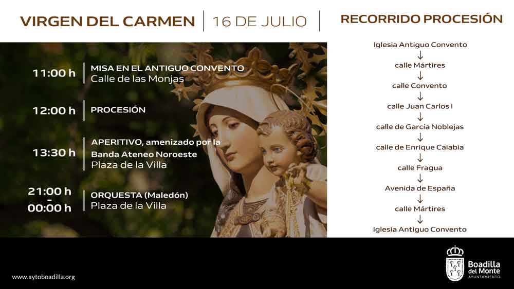 Boadilla celebrará la Virgen del Carmen con una Misa y posterior procesión, y música en la plaza de la Cruz