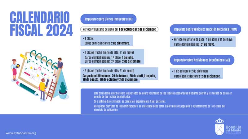 Publicado el calendario fiscal con los periodos de pago, fechas de cargo y plazos para pedir bonificaciones
