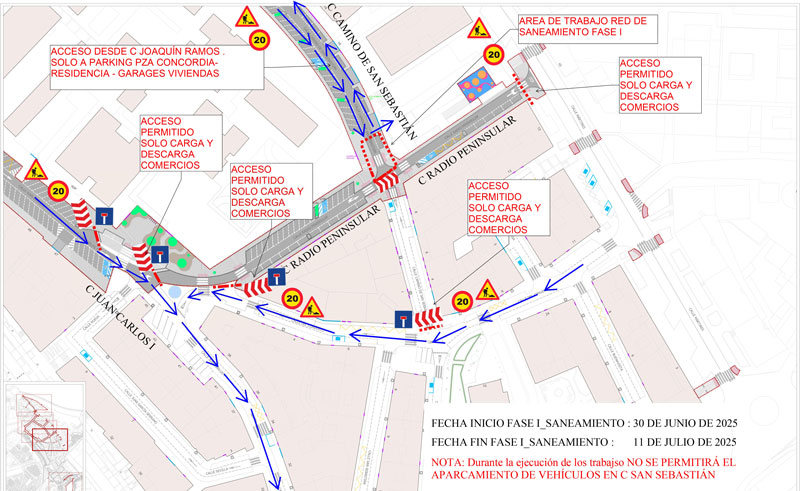 Modificado el acceso al parking de La Concordia por las obras de saneamiento en Camino de San Sebastián