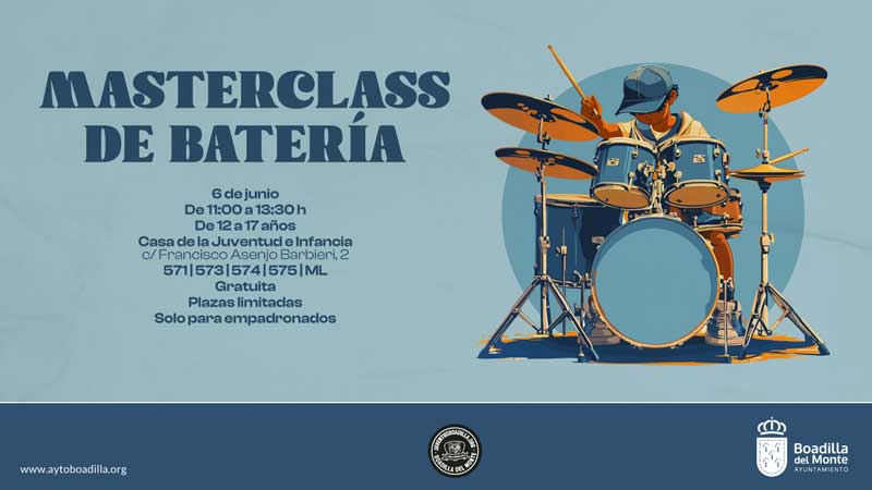 Abierta la inscripción para la Masterclass de batería que ofrecerá la Casa de la Juventud el próximo 6 de junio