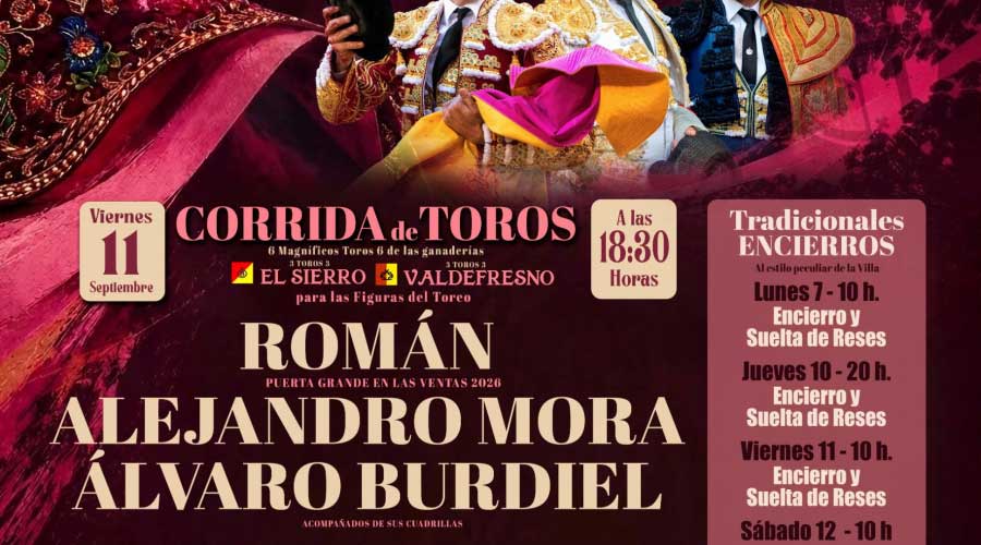 Román, Alejandro Mora y el pozuelero Álvaro Burdiel, cartel de la feria taurina del 11 de septiembre